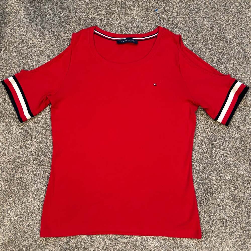 Tommy Hilfiger Women's Red Cold-Shoulder Blouse Shirt Striped